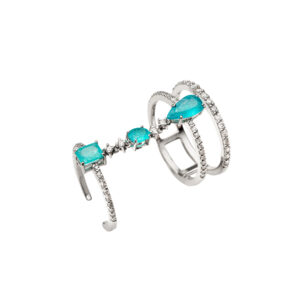 Anel Duplo com Corrente Ouro Branco 18K Turmalina Paraíba Brasileira 1.13 CTS e Diamante 0.52CTS