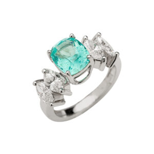 Anel Ouro Branco 18K Turmalina Paraíba 1.87CTS e Diamante Navete 1.22 CTS