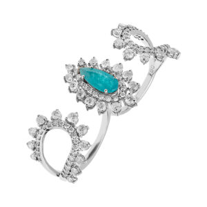 Anel Triplo Gota Ouro Branco 18K Turmalina Paraíba Brasileira 1.81CTS e Diamantes 1.07CTS