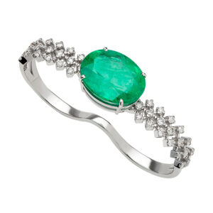 Anel 2 Dedos Ouro Branco 18K Esmeralda e Diamantes 0.63 CTS