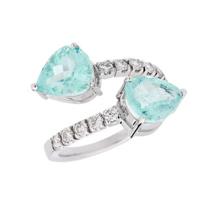 Anel Duplo Snake Ouro Branco 18K Turmalina Paraíba 3.90CTS e Diamantes 0.50CTS