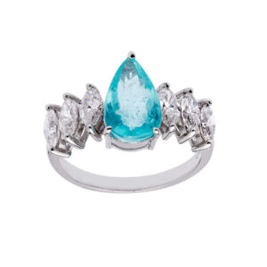 Anel Gota em Ouro Branco 18K com Turmalina Paraíba 1,79 CTS e Diamantes Navetes 1,42 CTS